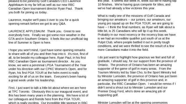 Presser with Golf Canada CEO Laurence Applebaum & RBC Canadian Open Tournament Director Ryan Paul